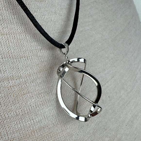 Silver Tone Spiral Pendant Necklace Black Cord - Picture 2 of 5